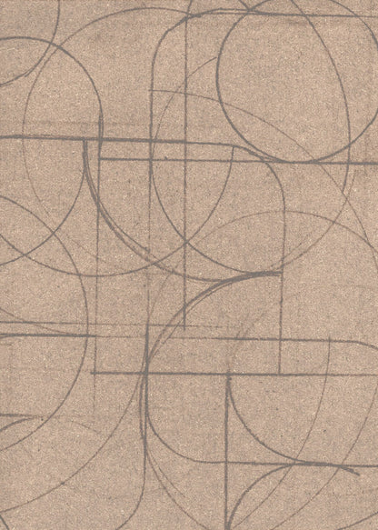 An abstract artwork in a black frame featuring a complex pattern of hand-drawn circles and intersecting straight lines in dark grey on a textured, light brown background. Print