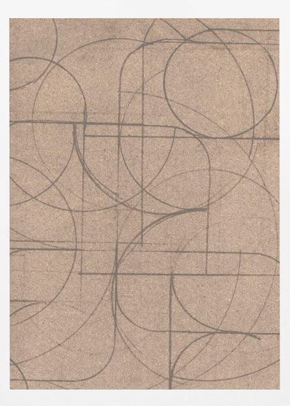 An abstract artwork in a black frame featuring a complex pattern of hand-drawn circles and intersecting straight lines in dark grey on a textured, light brown background. Print