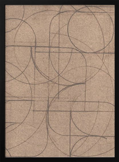 An abstract artwork in a black frame featuring a complex pattern of hand-drawn circles and intersecting straight lines in dark grey on a textured, light brown background. Print