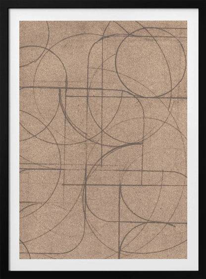 An abstract artwork in a black frame featuring a complex pattern of hand-drawn circles and intersecting straight lines in dark grey on a textured, light brown background. Print