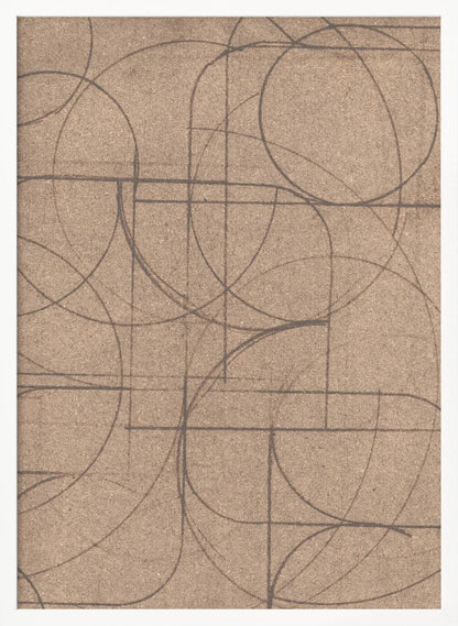An abstract artwork in a black frame featuring a complex pattern of hand-drawn circles and intersecting straight lines in dark grey on a textured, light brown background. Print