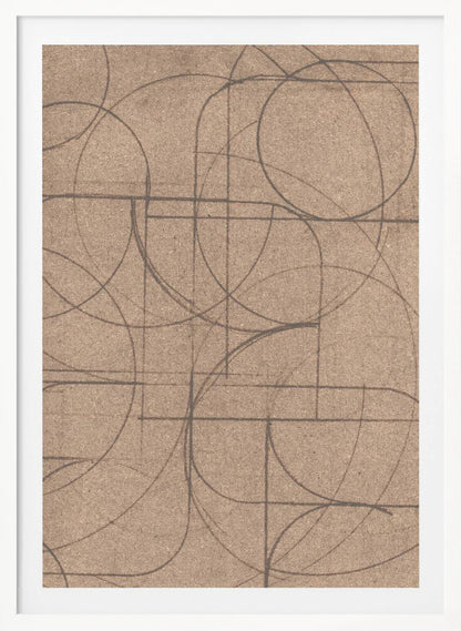 An abstract artwork in a black frame featuring a complex pattern of hand-drawn circles and intersecting straight lines in dark grey on a textured, light brown background. Print