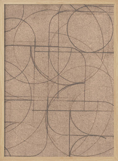 An abstract artwork in a black frame featuring a complex pattern of hand-drawn circles and intersecting straight lines in dark grey on a textured, light brown background. Print