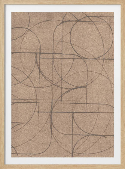 An abstract artwork in a black frame featuring a complex pattern of hand-drawn circles and intersecting straight lines in dark grey on a textured, light brown background. Print