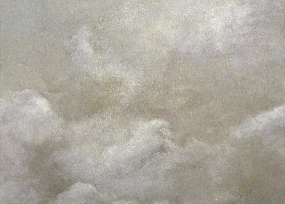 A vintage-style oil painting of fluffy white and grey clouds against a beige sky, enclosed in a silver frame.