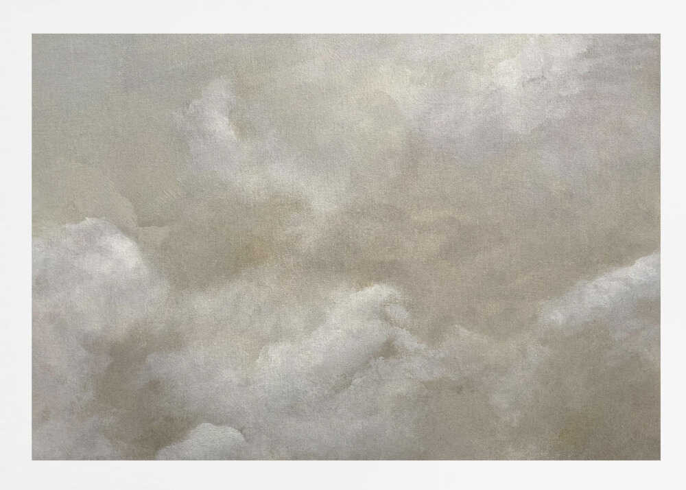 A vintage-style oil painting of fluffy white and grey clouds against a beige sky, enclosed in a silver frame.