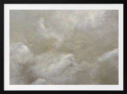 A vintage-style oil painting of fluffy white and grey clouds against a beige sky, enclosed in a silver frame.
