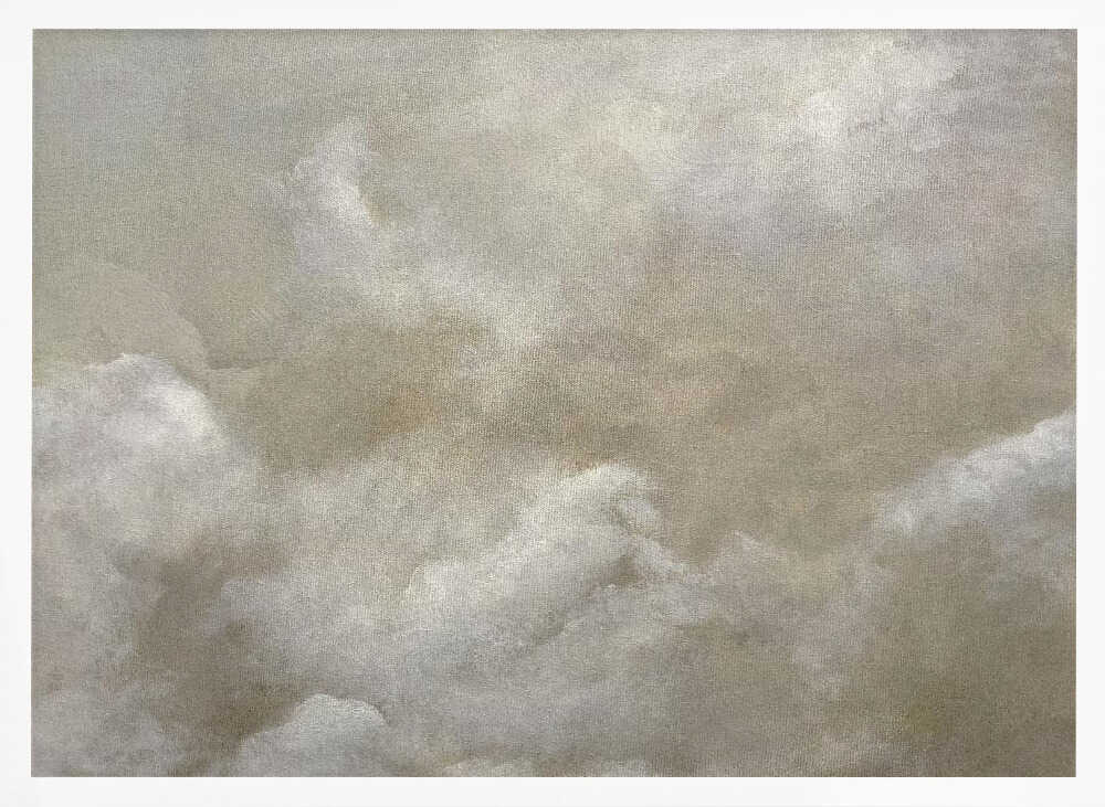 A vintage-style oil painting of fluffy white and grey clouds against a beige sky, enclosed in a silver frame.