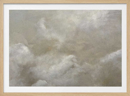 A vintage-style oil painting of fluffy white and grey clouds against a beige sky, enclosed in a silver frame.
