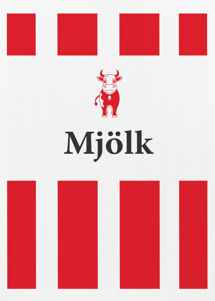 A minimalist art print featuring a red cartoon cow and the word 'Mjölk' in a black serif font. The design is on a white background with bold red and white stripes at the top and bottom, all enclosed in a black frame. Print