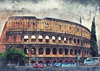 A watercolor-style digital painting of the Roman Colosseum under a cloudy, textured sky. The ancient amphitheater's arched structure dominates the scene, with a busy street, cars, and trees in the foreground. The artwork is enclosed in a silver, weathered frame. Decor