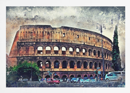 A watercolor-style digital painting of the Roman Colosseum under a cloudy, textured sky. The ancient amphitheater's arched structure dominates the scene, with a busy street, cars, and trees in the foreground. The artwork is enclosed in a silver, weathered frame. Decor