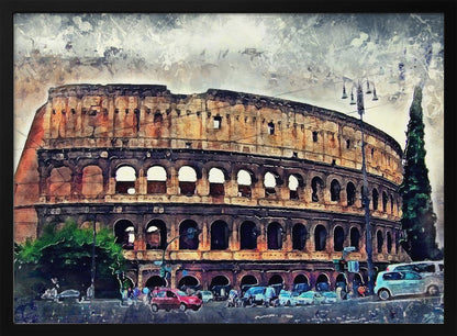 A watercolor-style digital painting of the Roman Colosseum under a cloudy, textured sky. The ancient amphitheater's arched structure dominates the scene, with a busy street, cars, and trees in the foreground. The artwork is enclosed in a silver, weathered frame. Decor