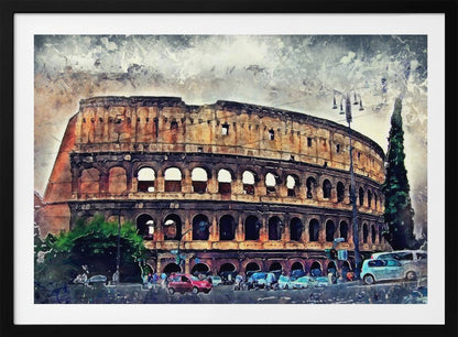 A watercolor-style digital painting of the Roman Colosseum under a cloudy, textured sky. The ancient amphitheater's arched structure dominates the scene, with a busy street, cars, and trees in the foreground. The artwork is enclosed in a silver, weathered frame. Decor