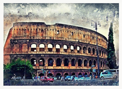 A watercolor-style digital painting of the Roman Colosseum under a cloudy, textured sky. The ancient amphitheater's arched structure dominates the scene, with a busy street, cars, and trees in the foreground. The artwork is enclosed in a silver, weathered frame. Decor