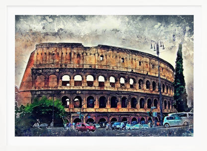 A watercolor-style digital painting of the Roman Colosseum under a cloudy, textured sky. The ancient amphitheater's arched structure dominates the scene, with a busy street, cars, and trees in the foreground. The artwork is enclosed in a silver, weathered frame. Decor