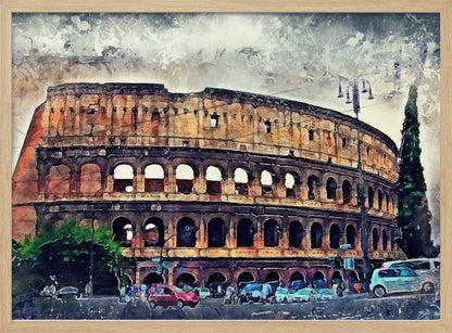 A watercolor-style digital painting of the Roman Colosseum under a cloudy, textured sky. The ancient amphitheater's arched structure dominates the scene, with a busy street, cars, and trees in the foreground. The artwork is enclosed in a silver, weathered frame. Decor
