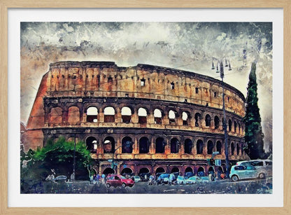 A watercolor-style digital painting of the Roman Colosseum under a cloudy, textured sky. The ancient amphitheater's arched structure dominates the scene, with a busy street, cars, and trees in the foreground. The artwork is enclosed in a silver, weathered frame. Decor