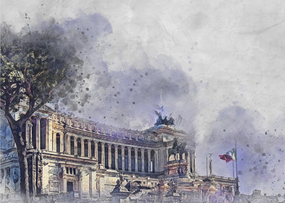 A watercolor-style painting of the Altar of the Fatherland in Rome, Italy, depicted with dramatic purple and gray skies. The grand classical building features numerous columns and statues, with a large tree on the left and an Italian flag on the right. The artwork has a painterly, splattered effect and is shown in a silver frame. Wall Art