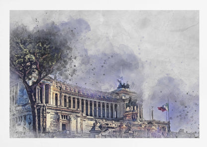 A watercolor-style painting of the Altar of the Fatherland in Rome, Italy, depicted with dramatic purple and gray skies. The grand classical building features numerous columns and statues, with a large tree on the left and an Italian flag on the right. The artwork has a painterly, splattered effect and is shown in a silver frame. Wall Art