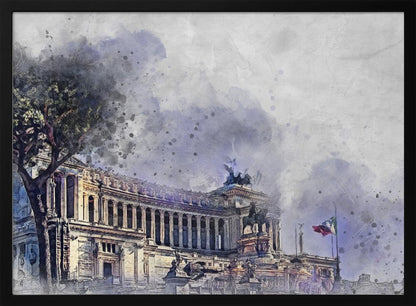 A watercolor-style painting of the Altar of the Fatherland in Rome, Italy, depicted with dramatic purple and gray skies. The grand classical building features numerous columns and statues, with a large tree on the left and an Italian flag on the right. The artwork has a painterly, splattered effect and is shown in a silver frame. Wall Art