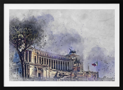A watercolor-style painting of the Altar of the Fatherland in Rome, Italy, depicted with dramatic purple and gray skies. The grand classical building features numerous columns and statues, with a large tree on the left and an Italian flag on the right. The artwork has a painterly, splattered effect and is shown in a silver frame. Wall Art