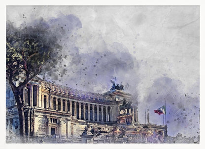 A watercolor-style painting of the Altar of the Fatherland in Rome, Italy, depicted with dramatic purple and gray skies. The grand classical building features numerous columns and statues, with a large tree on the left and an Italian flag on the right. The artwork has a painterly, splattered effect and is shown in a silver frame. Wall Art