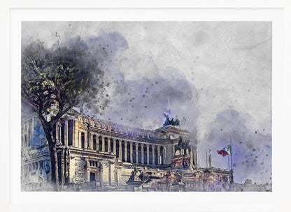 A watercolor-style painting of the Altar of the Fatherland in Rome, Italy, depicted with dramatic purple and gray skies. The grand classical building features numerous columns and statues, with a large tree on the left and an Italian flag on the right. The artwork has a painterly, splattered effect and is shown in a silver frame. Wall Art