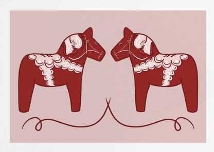 A symmetrical illustration of two red Swedish Dala horses facing each other against a light pink background. The horses are decorated with intricate white and pink folk art patterns. The artwork is presented within a silver frame. Artwork