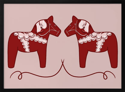 A symmetrical illustration of two red Swedish Dala horses facing each other against a light pink background. The horses are decorated with intricate white and pink folk art patterns. The artwork is presented within a silver frame. Artwork