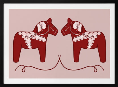 A symmetrical illustration of two red Swedish Dala horses facing each other against a light pink background. The horses are decorated with intricate white and pink folk art patterns. The artwork is presented within a silver frame. Artwork