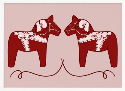 A symmetrical illustration of two red Swedish Dala horses facing each other against a light pink background. The horses are decorated with intricate white and pink folk art patterns. The artwork is presented within a silver frame. Artwork