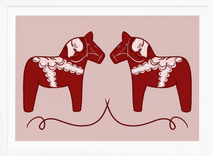 A symmetrical illustration of two red Swedish Dala horses facing each other against a light pink background. The horses are decorated with intricate white and pink folk art patterns. The artwork is presented within a silver frame. Artwork