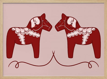 A symmetrical illustration of two red Swedish Dala horses facing each other against a light pink background. The horses are decorated with intricate white and pink folk art patterns. The artwork is presented within a silver frame. Artwork