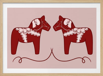 A symmetrical illustration of two red Swedish Dala horses facing each other against a light pink background. The horses are decorated with intricate white and pink folk art patterns. The artwork is presented within a silver frame. Artwork
