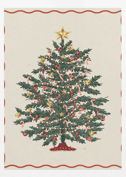 A vintage-style illustration of a decorated Christmas tree on a cream background, framed by a wavy red border and a black outer frame. The green tree is adorned with red and gold baubles, candy canes, small gold stars, and strings of lights, with a larger gold star at the very top. Poster