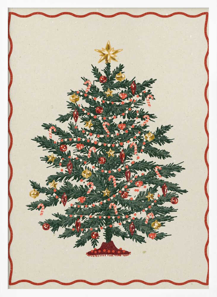 A vintage-style illustration of a decorated Christmas tree on a cream background, framed by a wavy red border and a black outer frame. The green tree is adorned with red and gold baubles, candy canes, small gold stars, and strings of lights, with a larger gold star at the very top. Poster