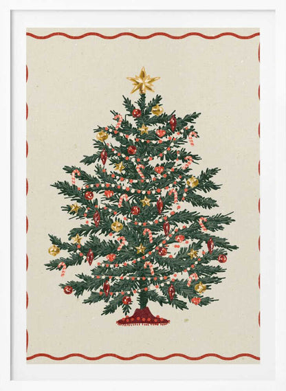 A vintage-style illustration of a decorated Christmas tree on a cream background, framed by a wavy red border and a black outer frame. The green tree is adorned with red and gold baubles, candy canes, small gold stars, and strings of lights, with a larger gold star at the very top. Poster