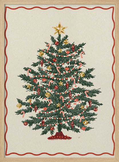 A vintage-style illustration of a decorated Christmas tree on a cream background, framed by a wavy red border and a black outer frame. The green tree is adorned with red and gold baubles, candy canes, small gold stars, and strings of lights, with a larger gold star at the very top. Poster