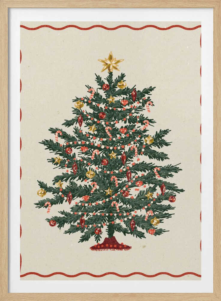 A vintage-style illustration of a decorated Christmas tree on a cream background, framed by a wavy red border and a black outer frame. The green tree is adorned with red and gold baubles, candy canes, small gold stars, and strings of lights, with a larger gold star at the very top. Poster