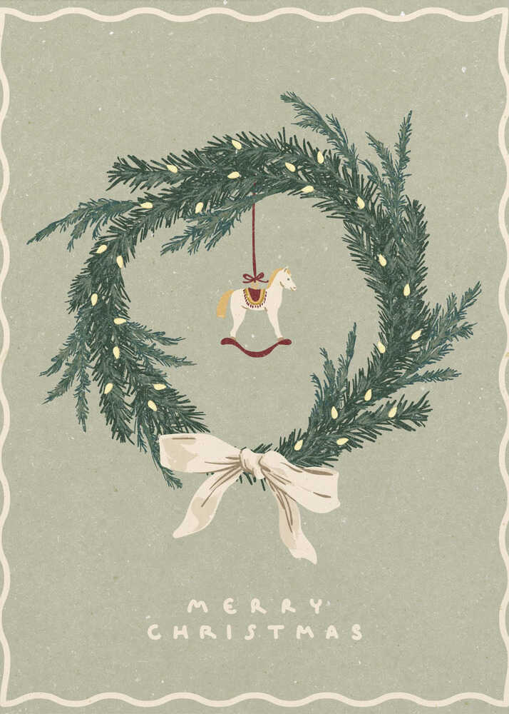 Vintage Christmas poster with an illustrated wreath, rocking horse ornament, and a cream bow on a sage green background.