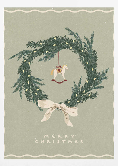 Vintage Christmas poster with an illustrated wreath, rocking horse ornament, and a cream bow on a sage green background.