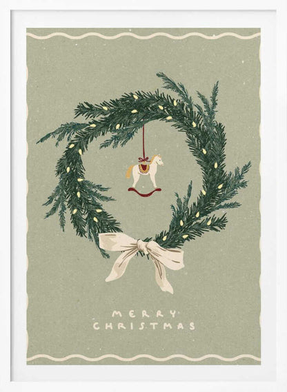 Vintage Christmas poster with an illustrated wreath, rocking horse ornament, and a cream bow on a sage green background.