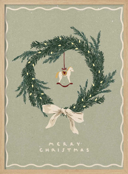 Vintage Christmas poster with an illustrated wreath, rocking horse ornament, and a cream bow on a sage green background.