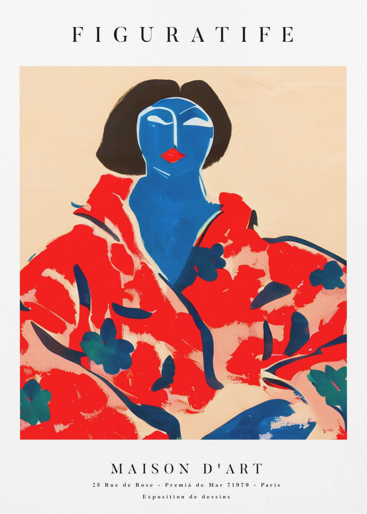 A vintage-style art exhibition poster with 'FIGURATIFE' at the top. The central artwork is an abstract portrait of a woman with a blue face and black hair, wearing a bold red floral patterned robe against a beige background. Below, text reads 'MAISON D'ART' and gives exhibition details. Artwork