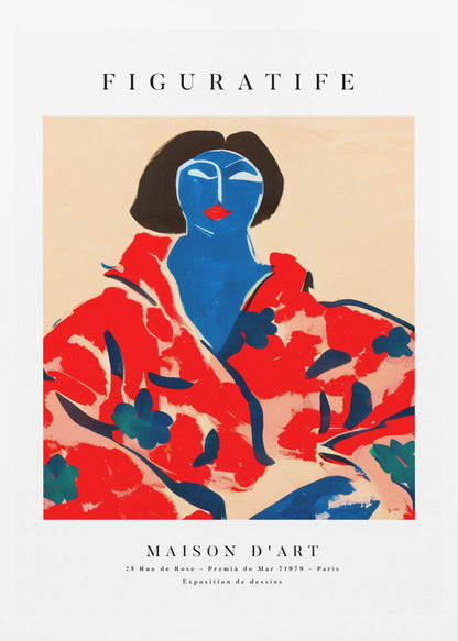 A vintage-style art exhibition poster with 'FIGURATIFE' at the top. The central artwork is an abstract portrait of a woman with a blue face and black hair, wearing a bold red floral patterned robe against a beige background. Below, text reads 'MAISON D'ART' and gives exhibition details. Artwork
