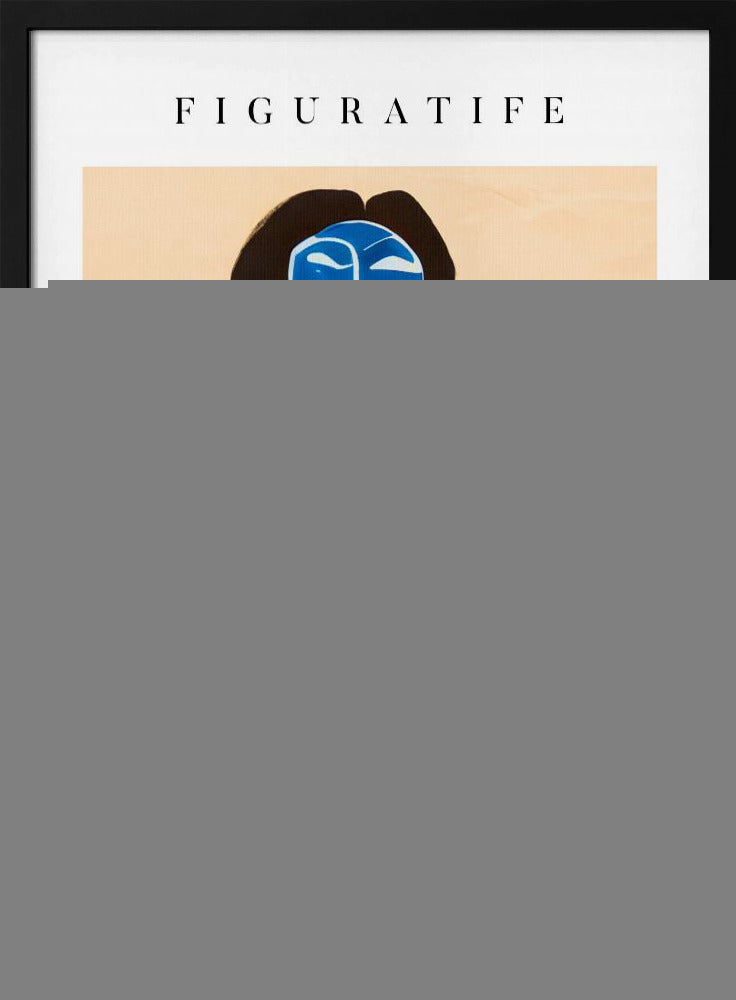 A vintage-style art exhibition poster with 'FIGURATIFE' at the top. The central artwork is an abstract portrait of a woman with a blue face and black hair, wearing a bold red floral patterned robe against a beige background. Below, text reads 'MAISON D'ART' and gives exhibition details. Artwork