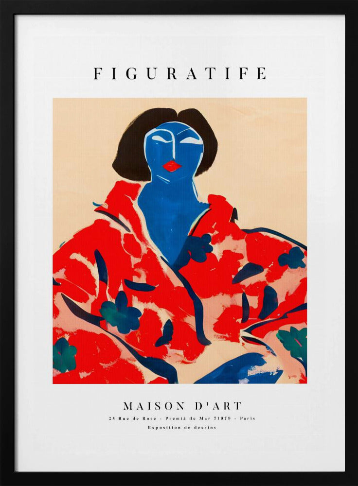 A vintage-style art exhibition poster with 'FIGURATIFE' at the top. The central artwork is an abstract portrait of a woman with a blue face and black hair, wearing a bold red floral patterned robe against a beige background. Below, text reads 'MAISON D'ART' and gives exhibition details. Artwork