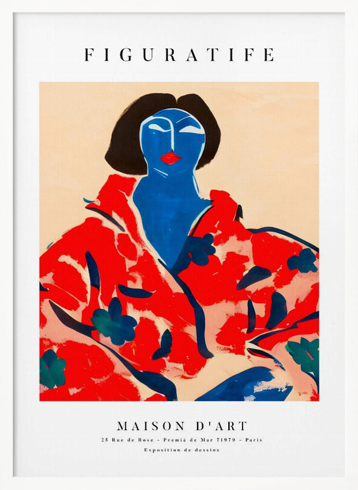 A vintage-style art exhibition poster with 'FIGURATIFE' at the top. The central artwork is an abstract portrait of a woman with a blue face and black hair, wearing a bold red floral patterned robe against a beige background. Below, text reads 'MAISON D'ART' and gives exhibition details. Artwork