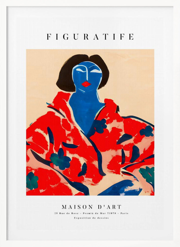 A vintage-style art exhibition poster with 'FIGURATIFE' at the top. The central artwork is an abstract portrait of a woman with a blue face and black hair, wearing a bold red floral patterned robe against a beige background. Below, text reads 'MAISON D'ART' and gives exhibition details. Artwork